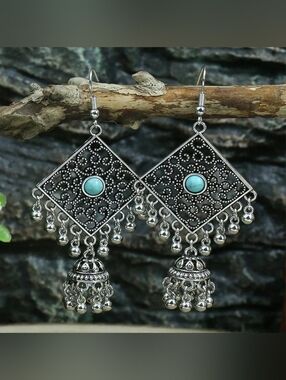 Bohemian Silver-Tone Filigree Dangle Earrings with Turquoise Accent